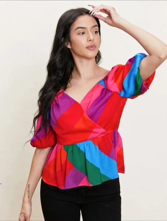 Skies Are Blue Tops - Skies Are Blue Multicolor Geometric Puff Sleeve Peplum Wrap Top Small